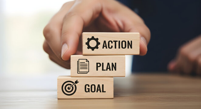 Person building a goal-oriented action plan with wooden blocks on a table