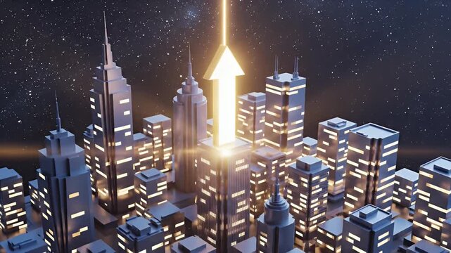 Digital Cityscape With Golden Arrow Pointing Upwards Towards Stars Symbolizing Growth Success and Ambition at Night With Glowing Windows and Cinematic Lighting