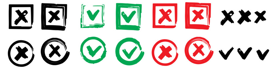 Grunge check mark and cross symbols vector illustration. brush strokes cross. yes or no checkmark icons in green tick box and red cross. Editable stroke. © Newton