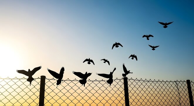 Flock of birds flying over chain link fence silhouette against golden sunset sky representing freedom and liberation from boundaries at dawn with pigeons taking off into open air and clear horizon.