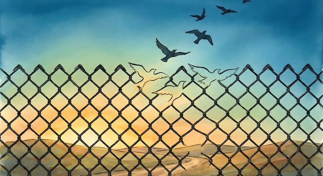 Stylized watercolor illustration of birds transforming through metal wire fence toward colorful sunset sky symbolizing breaking free and mental liberation with artistic brush strokes and soft hues.