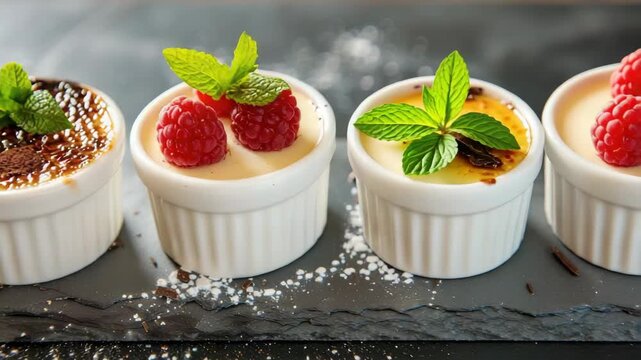 Three ramekins of creme brulee, garnished with raspberries and mint