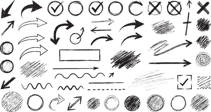 Hand drawn pencil sketch arrows circles and checkmark symbols set for graphic design and presentation elements with checkmark scribble charcoal creative indicator collection business underline