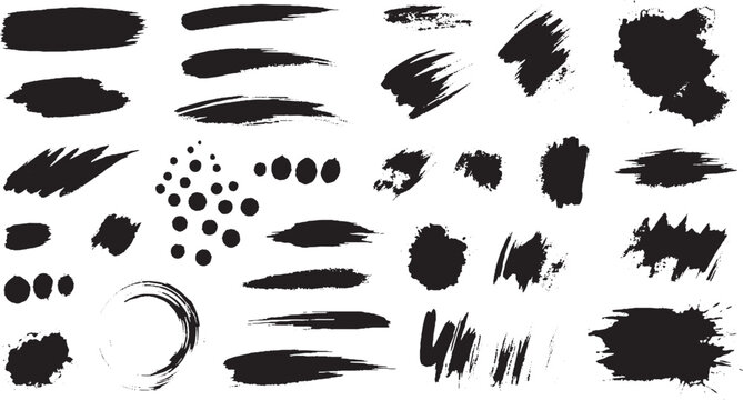 Set of grunge brush strokes and ink splatter design elements with splatter abstract collection background isolated creative distressed scribble illustration artistic material decorative