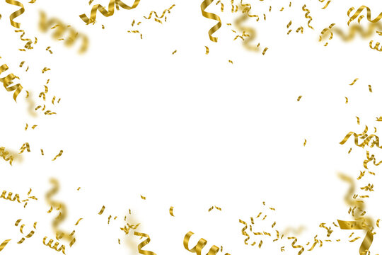 Gold confetti streamers and serpentine ribbons isolated on transparent background PNG. Realistic 3D glitter tinsel for birthday party, carnival, and holiday celebration.