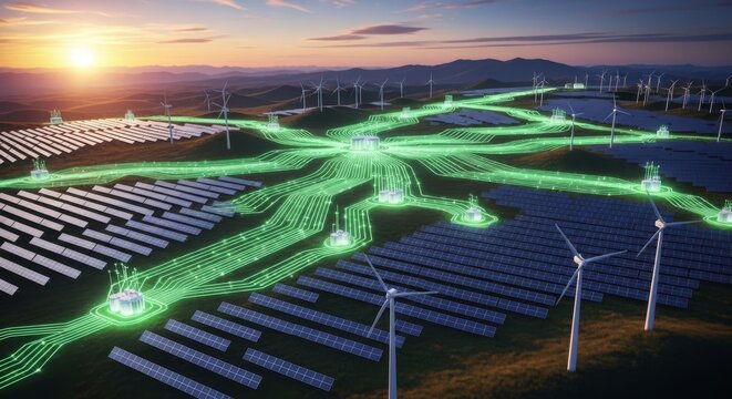 Smart energy grid connecting solar panels and wind turbines with glowing green digital data lines.