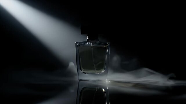Elegant Perfume Bottle Featured With Dramatic Lighting And Wisps Of Smoke In A Studio Environment Creating A Luxurious Atmosphere