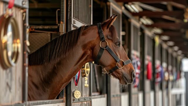 Brown horse in stable stall, wearing harness, head facing right