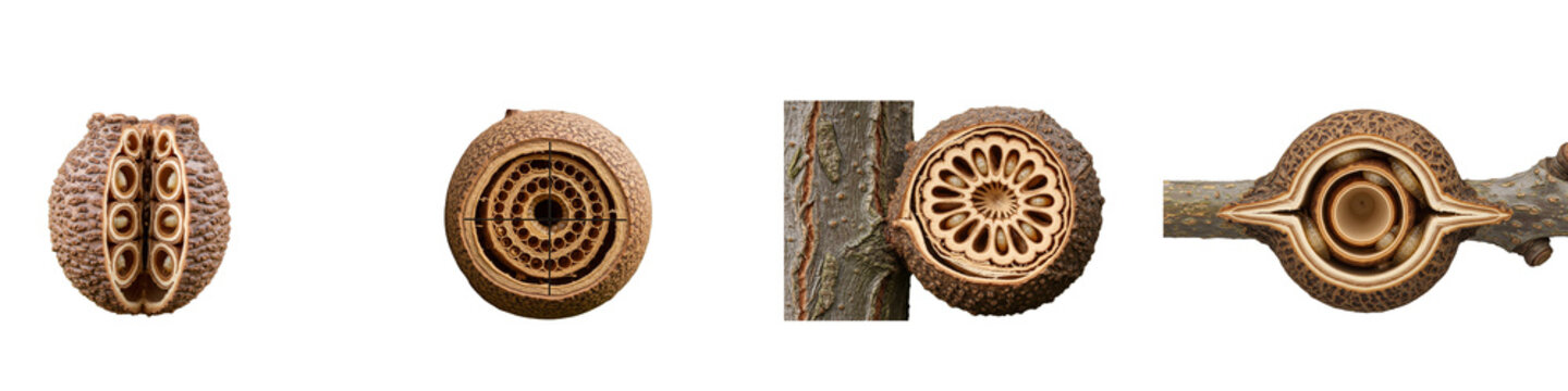 Detailed collection of plant galls and insect larvae inside tree branches