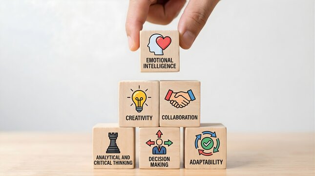 Professional skills pyramid featuring emotional intelligence creativity and decision making icons on wooden blocks representing holistic leadership development and essential corporate career traits.