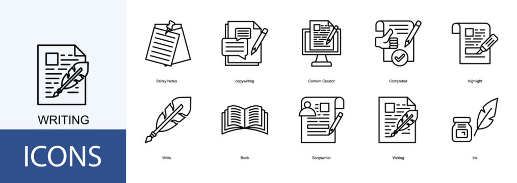 writing  Icon Set Collection Pack Vector Illustration Concept. Containing copywriting, Content Creator, Completed, Highlight, Write icon