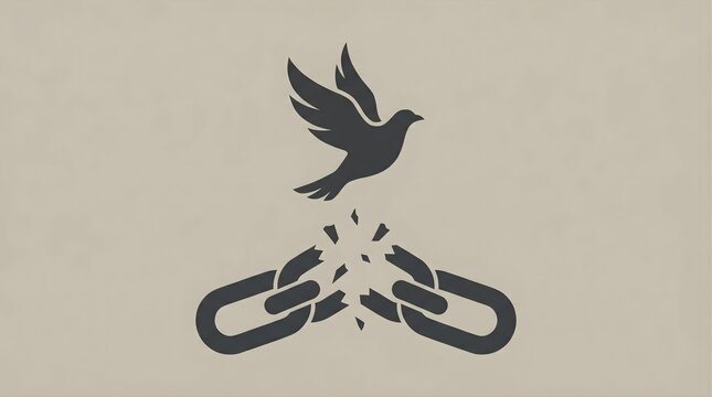 Dove bird flying above broken chain links symbolizing freedom and liberation against muted textured background with abstract concept of breaking chains.