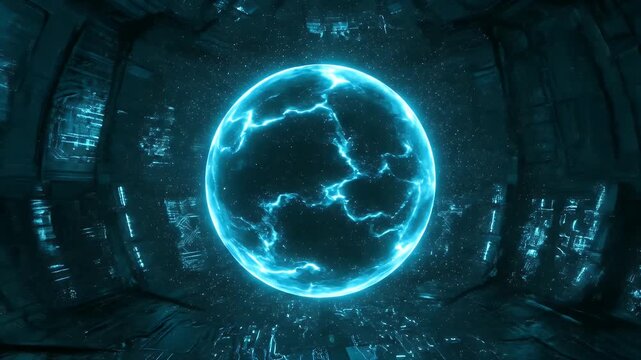 Energetic Blue Plasma Sphere Pulsating with Light Particles in Futuristic Tunnel Background Abstract Technology Concept Seamless Motion Loop
