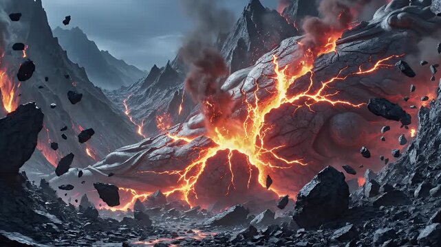 Epic Cinematic Volcanic Eruption Scene with Lava Flow and Rock Debris in a Desolate Mountainous Landscape Under Dramatic Lighting