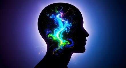 Obraz premium Silhouette Head Side Profile with Colorful Neural Light Trails