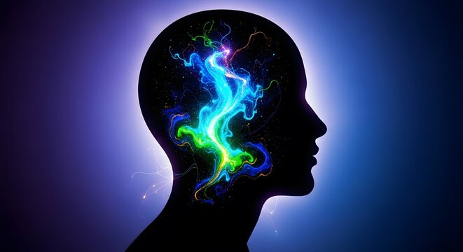 Silhouette Head Side Profile with Colorful Neural Light Trails