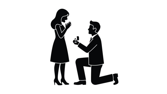Man kneeling down proposing marriage to a woman with an engagement ring black silhouette