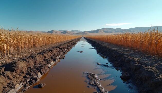 Golden corn stalks line irrigation ditch filled with muddy water. Barren hills meet clear blue sky on horizon. Rural farmland shows signs of drought and erosion.