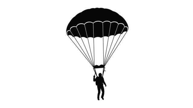 Parachutist silhouette descending with open parachute isolated on a plain white background