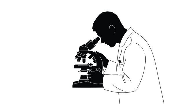 Scientist in a lab coat looking through a compound microscope to analyze biological specimens