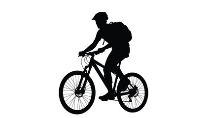 Fototapeta premium Silhouette of a cyclist riding a mountain bike wearing a backpack isolated on white background