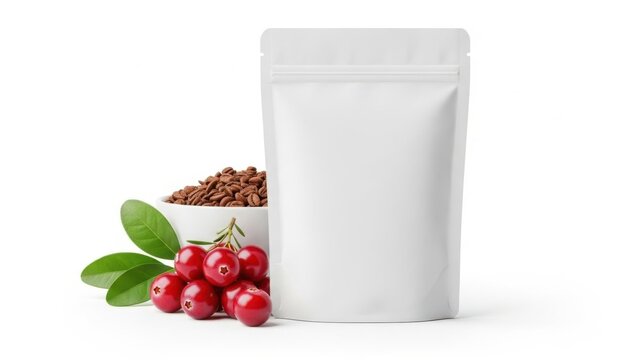 Pouch of food with berries and nuts isolated on white background