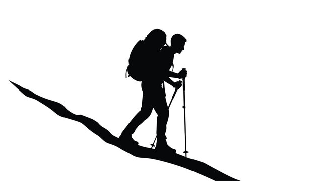 Silhouette of a hiker with backpack and trekking poles walking uphill on a mountain trail path