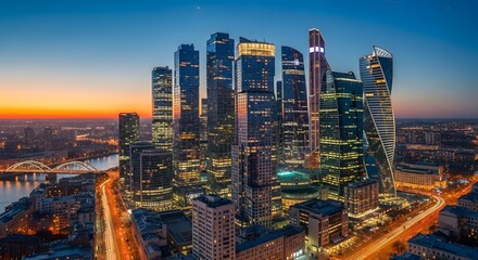 Obraz premium Stunning Night City Skyline with Modern Glass Skyscrapers