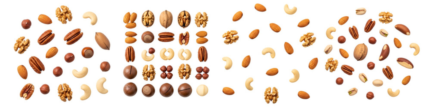 A variety of nuts arranged on a transparent background for healthy snacking options