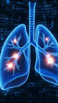 Glowing Blue Wireframe Lungs Animation With Orange Spots Displayed Over A Dark Digital Binary Code Background With Matrix Effect Seamless Loop