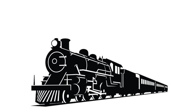 Silhouette of a vintage steam locomotive train engine pulling passenger carriages on tracks