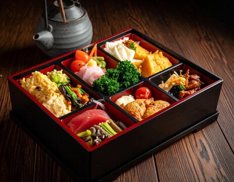 Japanese shasimi bento set on the wooden table
