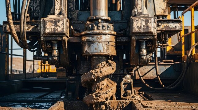 Oil drilling rig equipment close-up, mud-covered drill bit and machinery components, industrial setting for petroleum exploration and extraction operations, heavy duty infrastructure.