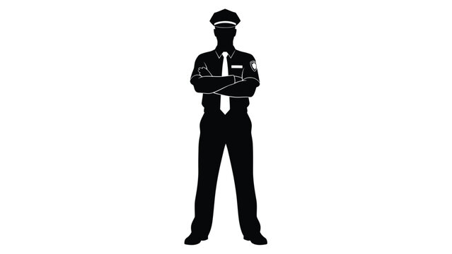 Standing police officer silhouette with crossed arms wearing uniform and service cap