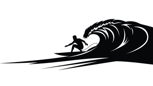 Surfer riding a massive crashing ocean wave in a dynamic black and white silhouette
