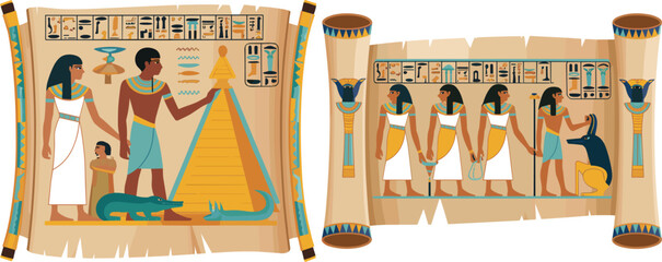 Ancient Egyptian papyrus scrolls with hieroglyphs and pharaoh figures illustration © Masud