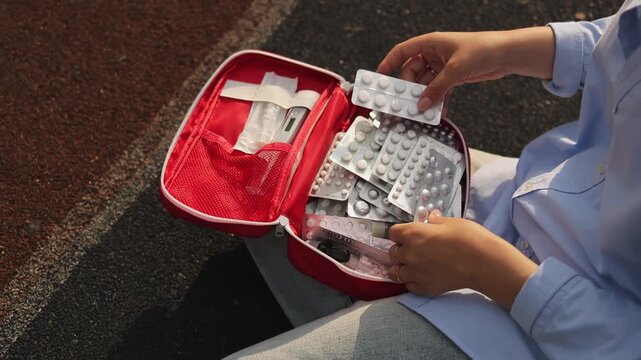 First aid kit. Woman sitting. Sports ground. Summer. . High quality 4k footage