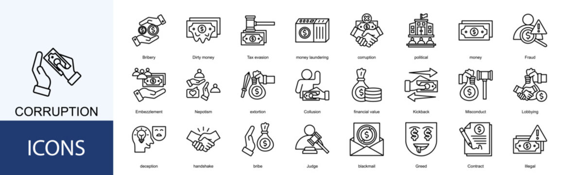 Corruption  Icon Set Collection Pack Vector Illustration Concept. Containing political, money, Fraud, Embezzlement, Nepotism icon