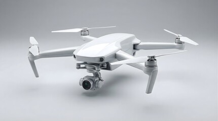 Fototapeta premium A sleek, modern white drone with four propellers and a mounted camera, captured in a high-key studio shot against a smooth gradient white background, showcasing its sophisticated design