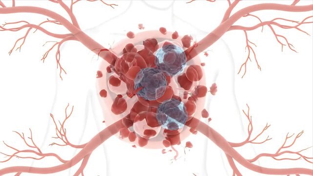Intricate 3D CGI Animation Depicting Cancerous Cell Growth and Angiogenesis Process With Blood Vessels Detailed Medical Education Visualization