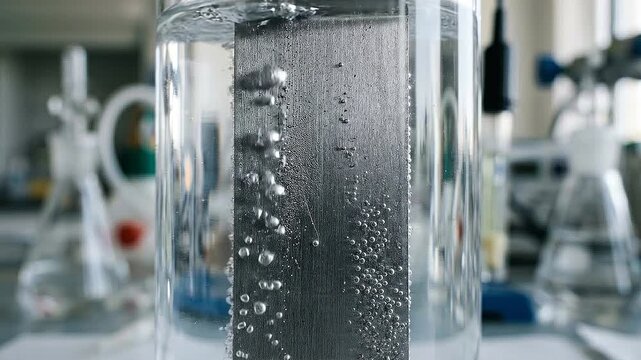 Green hydrogen electrolyzer cell laboratory glass reactor vessel showing bubbling electrode bubbles metal electrode for renewable energy research