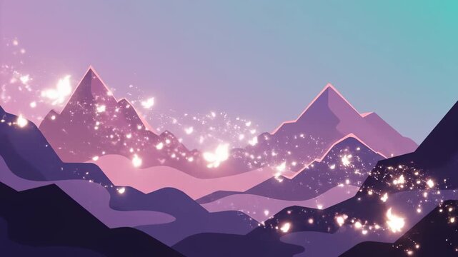 Magical Mountain Landscape with Glowing Lights and Stars.