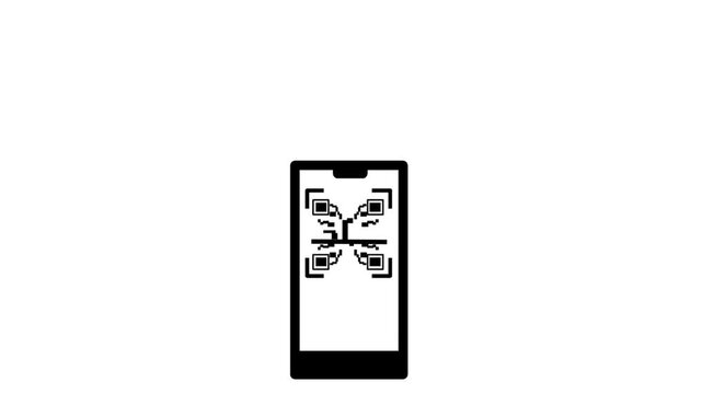 Mobile phone scanning payment code with money flow symbol. Digital transaction concept in simple outline style