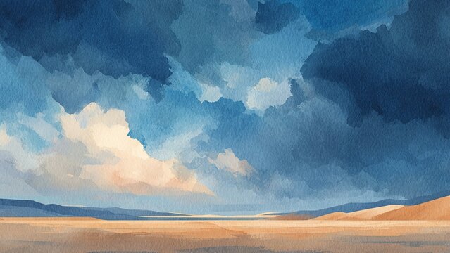 嵐の雲が迫る砂漠の風景 ドラマチックな水彩イラスト 背景素材