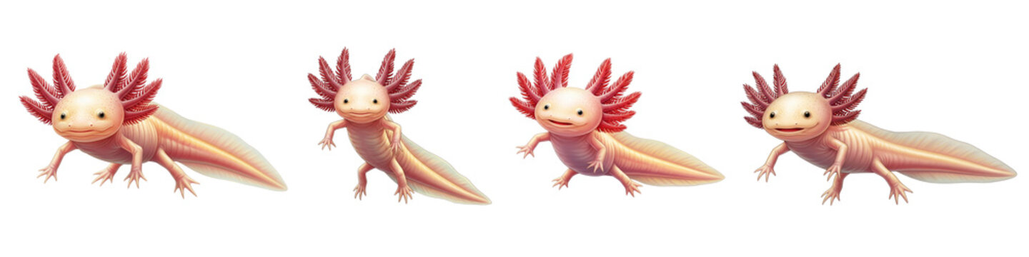 Set of cute pink axolotl characters in different poses on black background