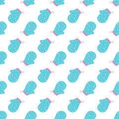 Seamless pattern of blue polka dot mittens on a white background © Anna