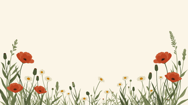 A serene and stylish botanical illustration featuring vibrant red poppies. Perfect for adding a touch of natural beauty to websites, packaging, or edi