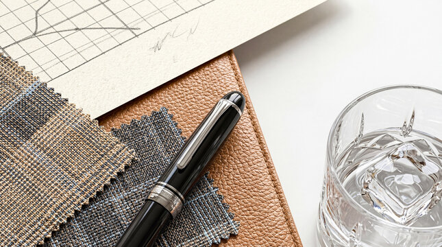 Luxurious planning and design elements featuring a fountain pen, elegant fabric swatches.