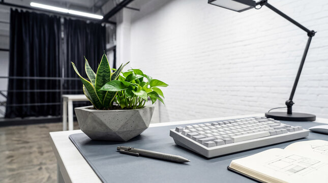 Close-up of a modern desk with a minimalist keyboard, pen, notebook, and a potted snake plant and pothos.