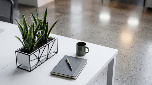 Clean white desk with a planner, pen, green coffee mug, and a planter filled with vibrant snake plants.